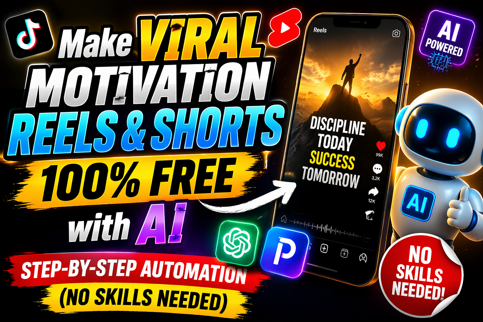 Make Viral Motivation Reels & Shorts 100% FREE with AI — Step-by-Step Automation (No Skills Needed)